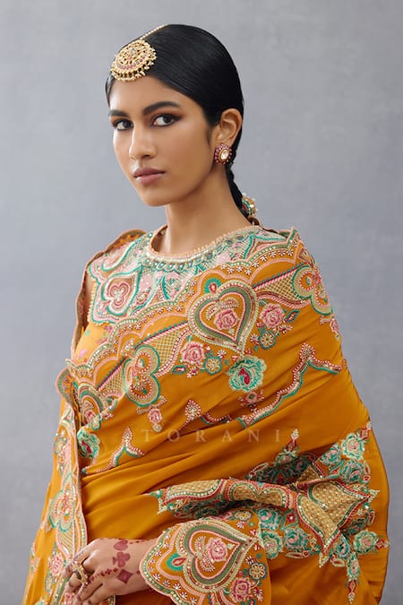 Shop_Torani_Yellow Silk Sequins, Embroidery Round Neck Dil Seker Amena Floral Print Blouse _Online_at_Aza_Fashions