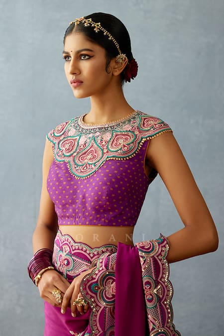 Buy_Torani_Purple Silk Embroidery, Sequins Round Neck Dil Kusha Shanfa Patchwork Blouse _Online_at_Aza_Fashions