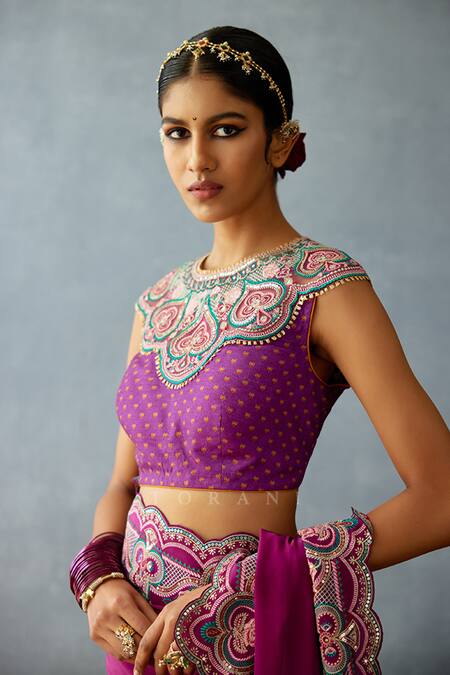 Shop_Torani_Purple Silk Embroidery, Sequins Round Neck Dil Kusha Shanfa Patchwork Blouse _Online_at_Aza_Fashions