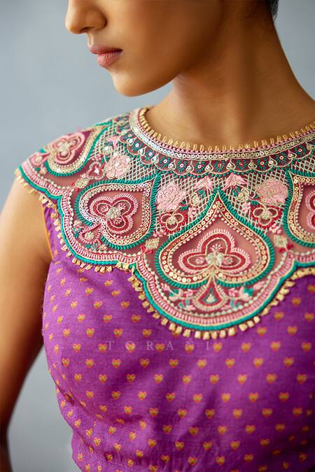 Torani_Purple Silk Embroidery, Sequins Round Neck Dil Kusha Shanfa Patchwork Blouse _at_Aza_Fashions