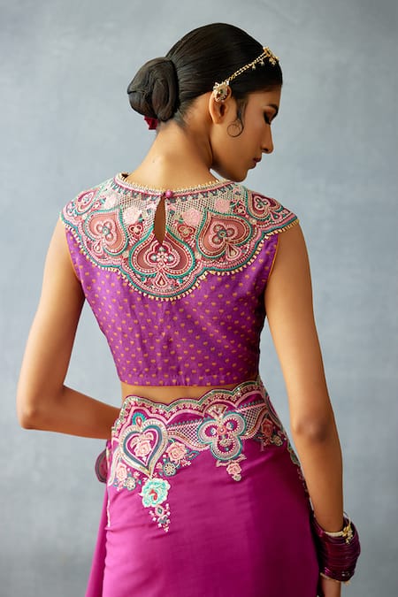 Buy_Torani_Purple Silk Embroidery, Sequins Round Neck Dil Kusha Shanfa Patchwork Blouse 