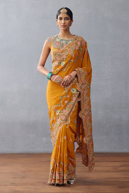 Torani Yellow Slub Silk Embroidered Resham Dil Seher Amena Printed Saree  