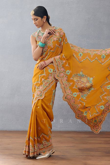 Buy_Torani_Yellow , Chanderi Sequins, Embroidery Dil Seher Amena Printed Saree _Online_at_Aza_Fashions