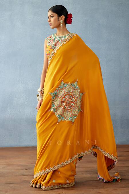 Torani_Yellow Silk Embroidery, Sequins Dil Seher Lena Mandala Pattern Saree _Online_at_Aza_Fashions