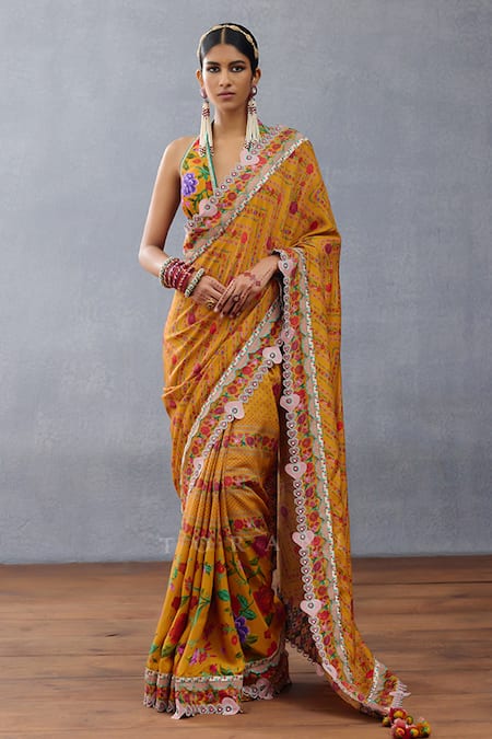 Torani Yellow Silk Lace, Embroidery Halter Neck Dil Seher Shrim Floral Print Blouse Online at Aza Fashions Torani_Yellow Silk Lace, Embroidery Halter Neck Dil Seher Shrim Floral Print Blouse _Online_at_Aza_Fashions