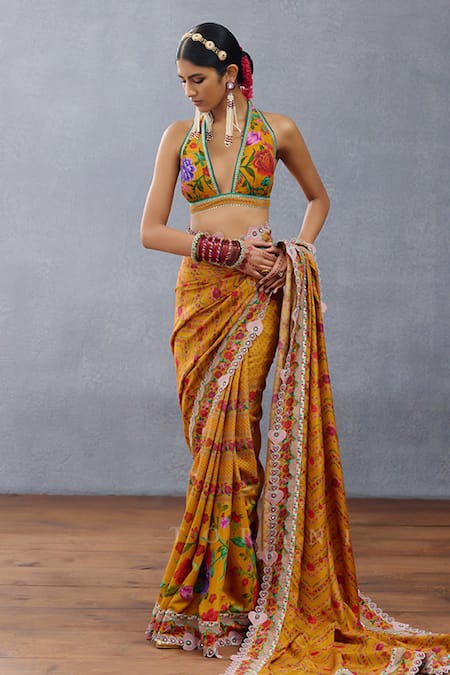 Shop Torani Yellow Silk Lace, Embroidery Halter Neck Dil Seher Shrim Floral Print Blouse Online at Aza Fashions Shop_Torani_Yellow Silk Lace, Embroidery Halter Neck Dil Seher Shrim Floral Print Blouse _Online_at_Aza_Fashions