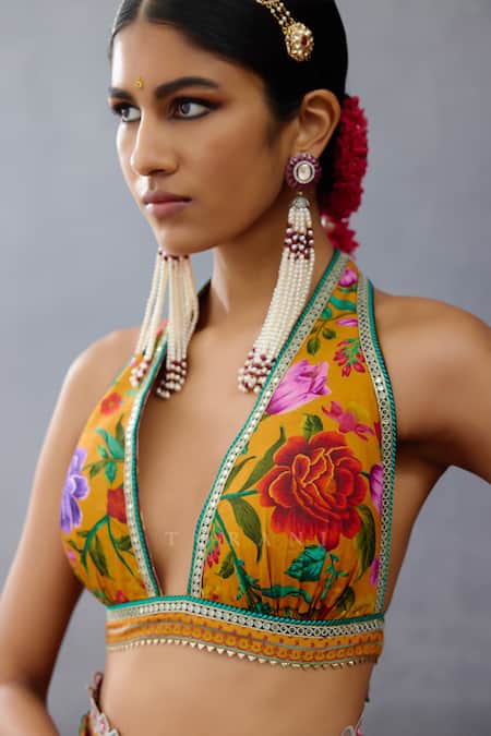 Buy Torani Yellow Silk Lace, Embroidery Halter Neck Dil Seher Shrim Floral Print Blouse Buy_Torani_Yellow Silk Lace, Embroidery Halter Neck Dil Seher Shrim Floral Print Blouse