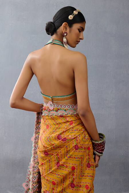 Shop Torani Yellow Silk Lace, Embroidery Halter Neck Dil Seher Shrim Floral Print Blouse at Aza Fashions Shop_Torani_Yellow Silk Lace, Embroidery Halter Neck Dil Seher Shrim Floral Print Blouse _at_Aza_Fashions