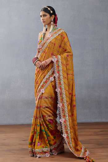 Torani Yellow Muslin, Silk Applique, Mirrors Dil Seher Shrim Floral Print Saree Online at Aza Fashions Torani_Yellow Muslin, Silk Applique, Mirrors Dil Seher Shrim Floral Print Saree _Online_at_Aza_Fashions