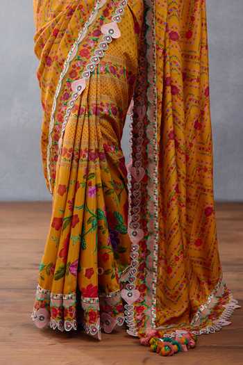 Buy Torani Yellow Muslin, Silk Applique, Mirrors Dil Seher Shrim Floral Print Saree Online at Aza Fashions Buy_Torani_Yellow Muslin, Silk Applique, Mirrors Dil Seher Shrim Floral Print Saree _Online_at_Aza_Fashions
