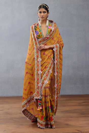 Torani Yellow Muslin, Silk Applique, Mirrors Dil Seher Shrim Floral Print Saree at Aza Fashions Torani_Yellow Muslin, Silk Applique, Mirrors Dil Seher Shrim Floral Print Saree _at_Aza_Fashions