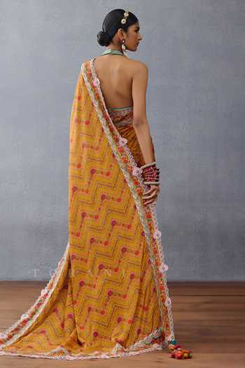 Shop Torani Yellow Muslin, Silk Applique, Mirrors Dil Seher Shrim Floral Print Saree at Aza Fashions Shop_Torani_Yellow Muslin, Silk Applique, Mirrors Dil Seher Shrim Floral Print Saree _at_Aza_Fashions