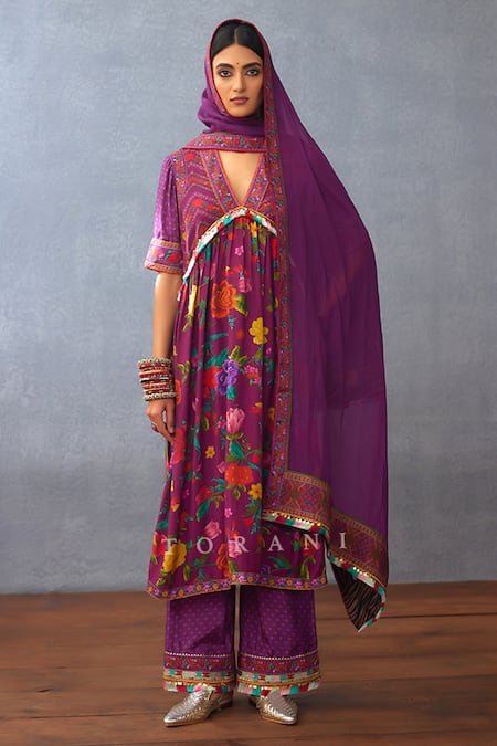 Torani Purple Cotton Voile Printed Dil Kusha Aafiya Blossom Kurta Pant Set  