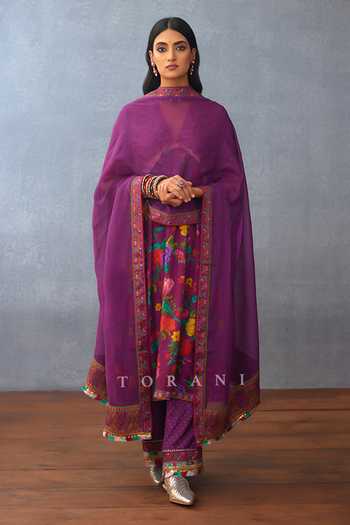 Buy_Torani_Purple Cotton, Chanderi, Kota Dil Kusha Aafiya Blossom Print Kurta Pant Set _Online_at_Aza_Fashions