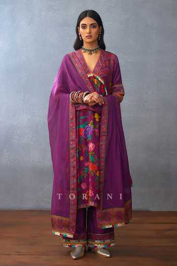 Shop_Torani_Purple Cotton, Chanderi, Kota Dil Kusha Aafiya Blossom Print Kurta Pant Set _Online_at_Aza_Fashions