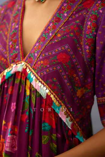 Torani_Purple Cotton, Chanderi, Kota Dil Kusha Aafiya Blossom Print Kurta Pant Set _at_Aza_Fashions