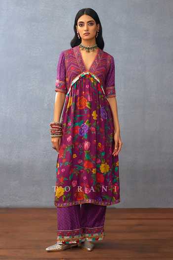 Shop_Torani_Purple Cotton, Chanderi, Kota Dil Kusha Aafiya Blossom Print Kurta Pant Set 