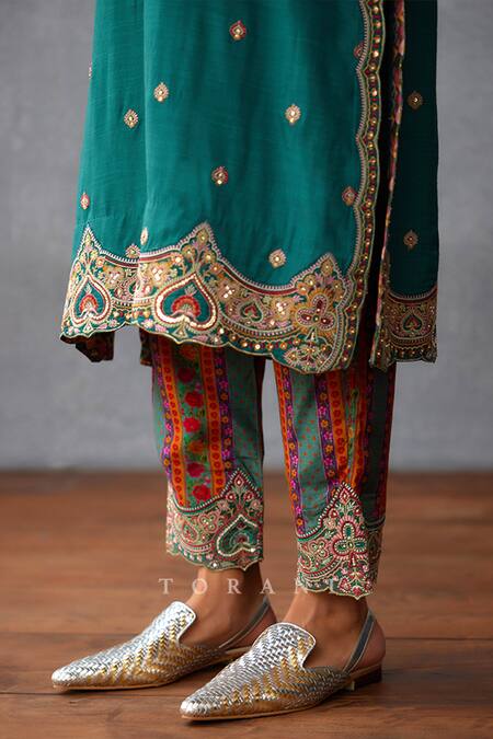 Torani_Blue Silk, Chiffon Embroidery Round Neck Dil Nawaz Urvi Kurta Pant Set _Online_at_Aza_Fashions