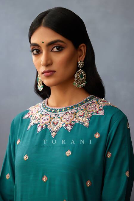 Buy_Torani_Blue Silk, Chiffon Embroidery Round Neck Dil Nawaz Urvi Kurta Pant Set _Online_at_Aza_Fashions