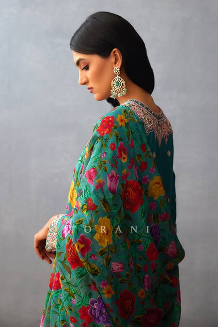 Shop_Torani_Blue Silk, Chiffon Embroidery Round Neck Dil Nawaz Urvi Kurta Pant Set _Online_at_Aza_Fashions
