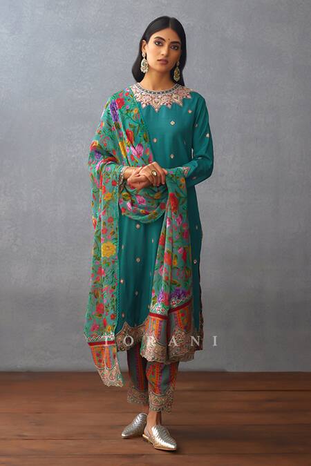 Torani_Blue Silk, Chiffon Embroidery Round Neck Dil Nawaz Urvi Kurta Pant Set _at_Aza_Fashions