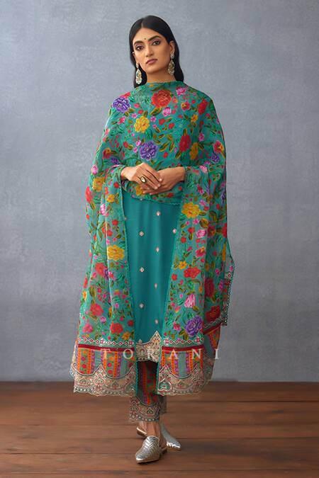 Buy_Torani_Blue Silk, Chiffon Embroidery Round Neck Dil Nawaz Urvi Kurta Pant Set 