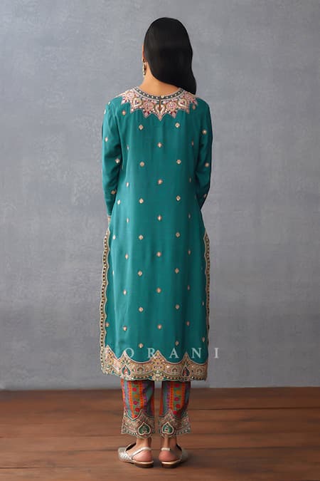 Shop_Torani_Blue Silk, Chiffon Embroidery Round Neck Dil Nawaz Urvi Kurta Pant Set _at_Aza_Fashions