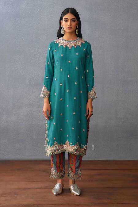 Shop_Torani_Blue Silk, Chiffon Embroidery Round Neck Dil Nawaz Urvi Kurta Pant Set 
