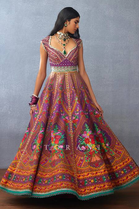 Torani_Purple Organza, Jersey, Silk Dil Kusha Zaiba Floral Print Anarkali With Dupatta _Online_at_Aza_Fashions