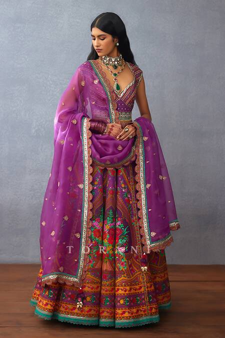 Torani_Purple Organza, Jersey, Silk Dil Kusha Zaiba Floral Print Anarkali With Dupatta _at_Aza_Fashions