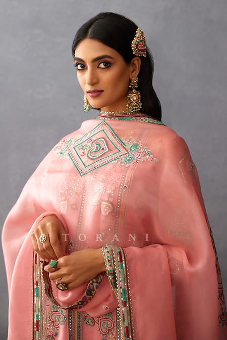 Shop Torani Pink Organza, Silk, Jersey Embroidery, Dil Ruba Izna Floral Kurta Pant Set Online at Aza Fashions Shop_Torani_Pink Organza, Silk, Jersey Embroidery, Dil Ruba Izna Floral Kurta Pant Set _Online_at_Aza_Fashions