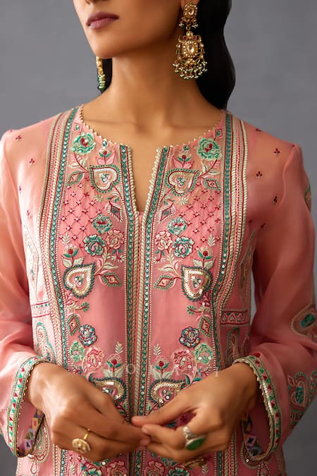 Buy Torani Pink Organza, Silk, Jersey Embroidery, Dil Ruba Izna Floral Kurta Pant Set Buy_Torani_Pink Organza, Silk, Jersey Embroidery, Dil Ruba Izna Floral Kurta Pant Set