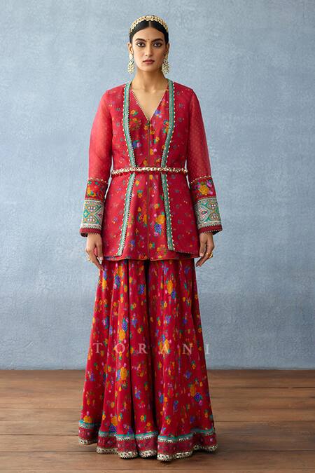 Torani_Red Muslin, Silk Embroidery Open Floral Print Jacket And Peplum Kurta Sharara Set_Online_at_Aza_Fashions