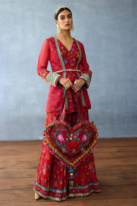 Shop_Torani_Red Muslin, Silk Embroidery Open Floral Print Jacket And Peplum Kurta Sharara Set_Online_at_Aza_Fashions