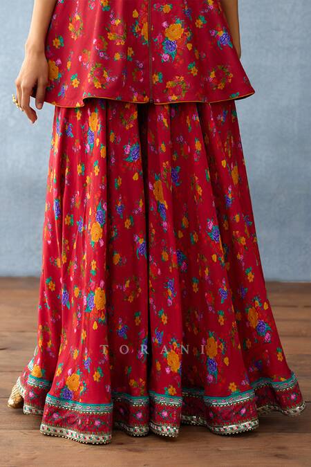 Torani_Red Muslin, Silk Embroidery Open Floral Print Jacket And Peplum Kurta Sharara Set_at_Aza_Fashions