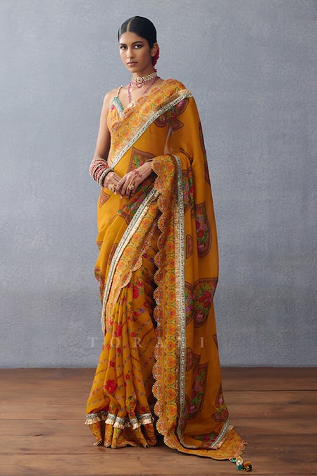 Torani_Yellow Silk Lace, Beads Plunge Neck Dil Seher Mana Floral Print Blouse _Online_at_Aza_Fashions