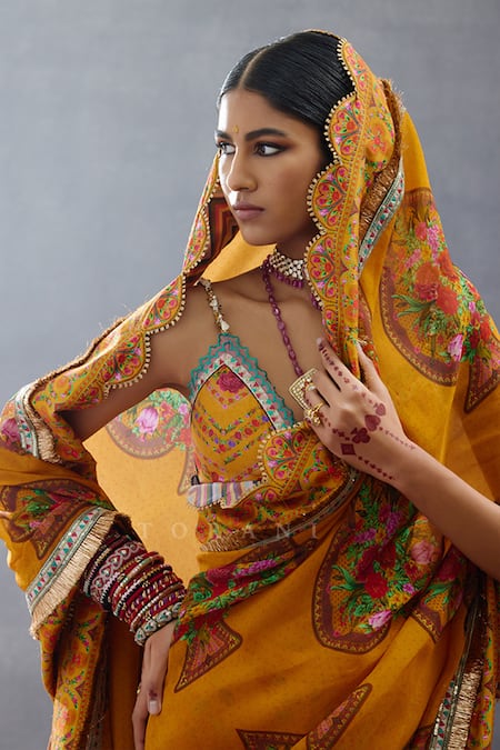 Buy_Torani_Yellow Silk Lace, Beads Plunge Neck Dil Seher Mana Floral Print Blouse _Online_at_Aza_Fashions