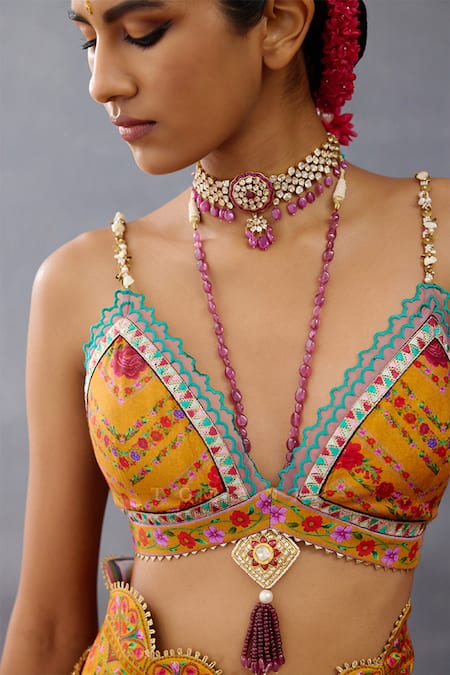 Shop_Torani_Yellow Silk Lace, Beads Plunge Neck Dil Seher Mana Floral Print Blouse _Online_at_Aza_Fashions