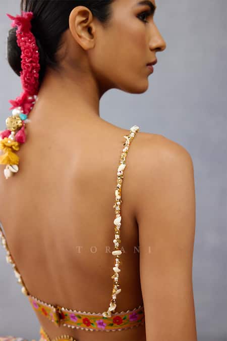 Torani_Yellow Silk Lace, Beads Plunge Neck Dil Seher Mana Floral Print Blouse _at_Aza_Fashions