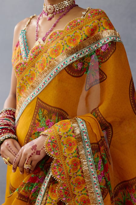 Buy_Torani_Yellow Organza Embroidery, Lace Dil Seher Mana Floral Print Scalloped Saree _Online_at_Aza_Fashions