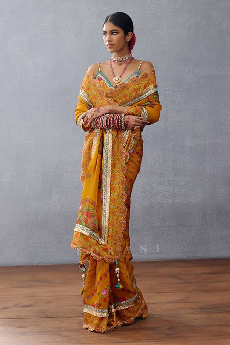 Shop_Torani_Yellow Organza Embroidery, Lace Dil Seher Mana Floral Print Scalloped Saree _Online_at_Aza_Fashions
