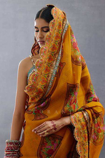 Torani_Yellow Organza Embroidery, Lace Dil Seher Mana Floral Print Scalloped Saree _at_Aza_Fashions