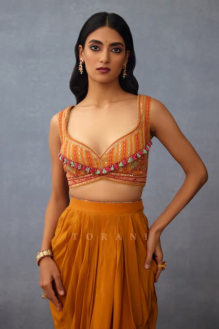 Shop_Torani_Yellow Silk Embroidery, Sequins Dil Seher Airi Floral Print Cape Dhoti Skirt Set 