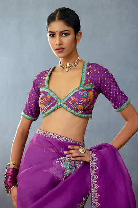 Buy_Torani_Purple Silk Embroidery, Lace, Sequins Plunge Dil Kusha Nazila Printed Blouse _Online_at_Aza_Fashions