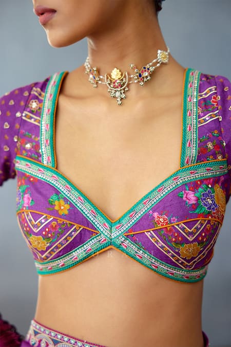 Torani_Purple Silk Embroidery, Lace, Sequins Plunge Dil Kusha Nazila Printed Blouse _at_Aza_Fashions