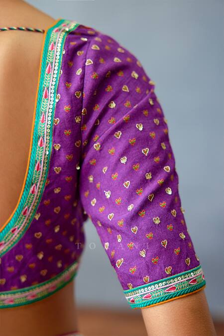 Shop_Torani_Purple Silk Embroidery, Lace, Sequins Plunge Dil Kusha Nazila Printed Blouse 