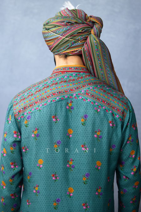 Torani_Blue Jersey, Silk Embroidery Dil Nawaz Mamun Kurta Set _at_Aza_Fashions