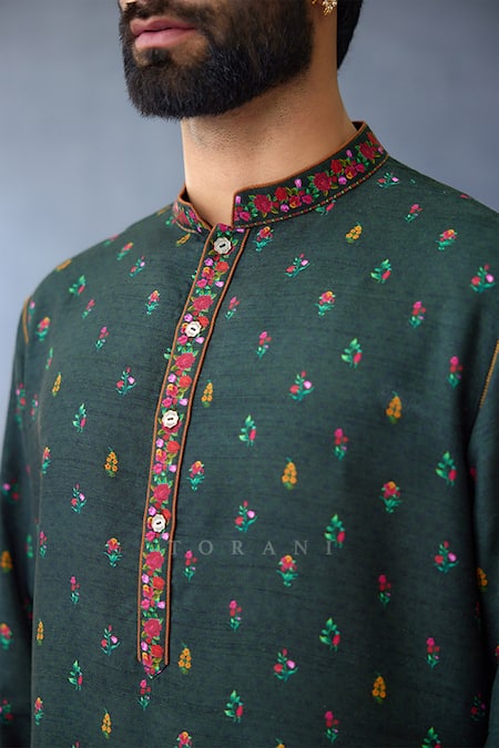 Torani_Green Cotton, Silk Embroidery Dil Shaad Azar Kurta Set _at_Aza_Fashions