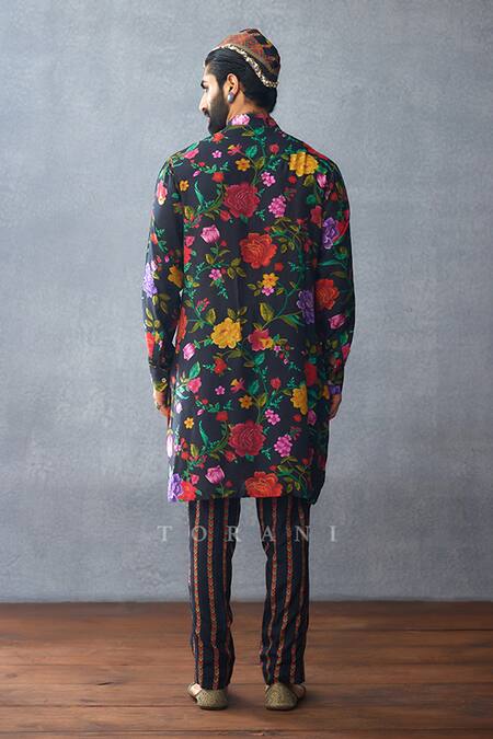 Shop Torani Black Cotton, Silk Embroidery Floral Print Bundi Kurta Set Online at Aza Fashions Shop_Torani_Black Cotton, Silk Embroidery Floral Print Bundi Kurta Set _Online_at_Aza_Fashions
