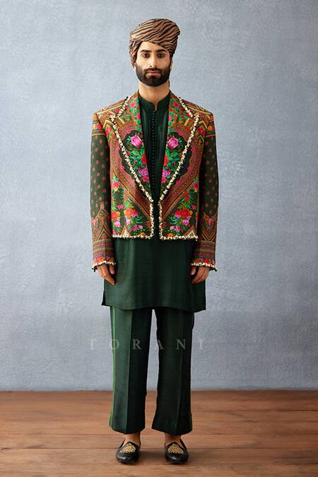 Torani_Green Jersey, Silk Embroidery Gardenia Print Jacket And Kurta Set_Online_at_Aza_Fashions